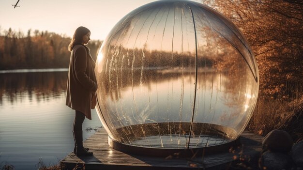 Una mujer se para frente a una esfera en un lago.