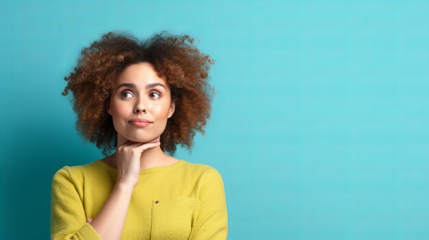 Una mujer se para frente a un fondo azul con la palabra 'i'on it '