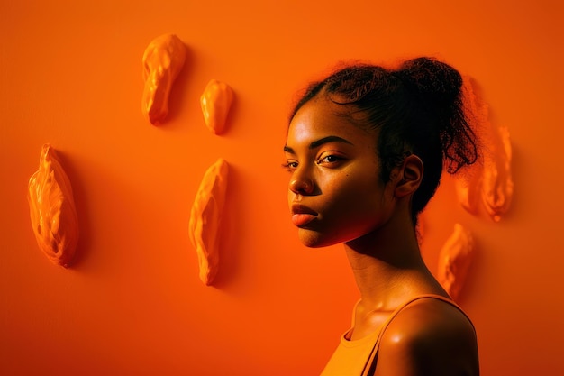 Una mujer se para frente a un fondo naranja.