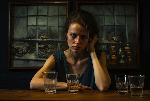 una mujer frente a una imagen de whisky y vasos en el estilo de deteriorado