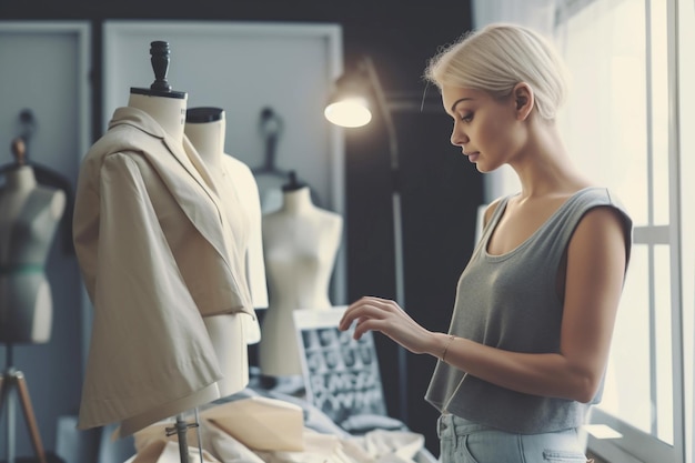 Una mujer se para frente a un maniquí que lleva una camiseta que dice 'diseñador de moda'