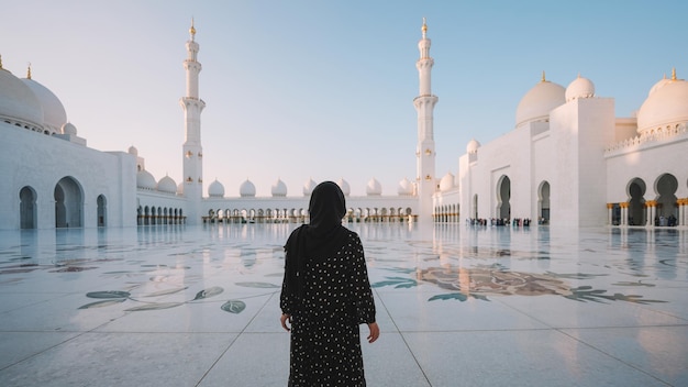 Una mujer se para frente a una mezquita en abu dhabi