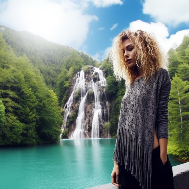 Una mujer se para frente a una montaña y mira una cascada.