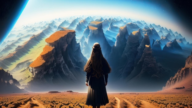 Una mujer se para frente a una montaña y mira un gran cielo azul.