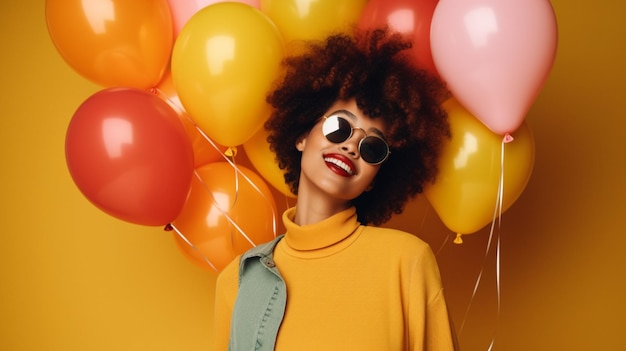 Una mujer se para frente a un montón de globos.