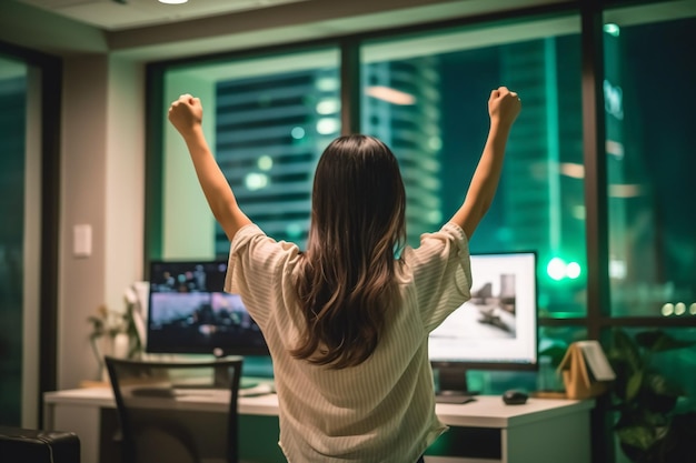 Una mujer se para frente a la pantalla de una computadora con los brazos en alto.