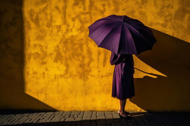 Una mujer se para frente a una pared amarilla con un paraguas violeta.