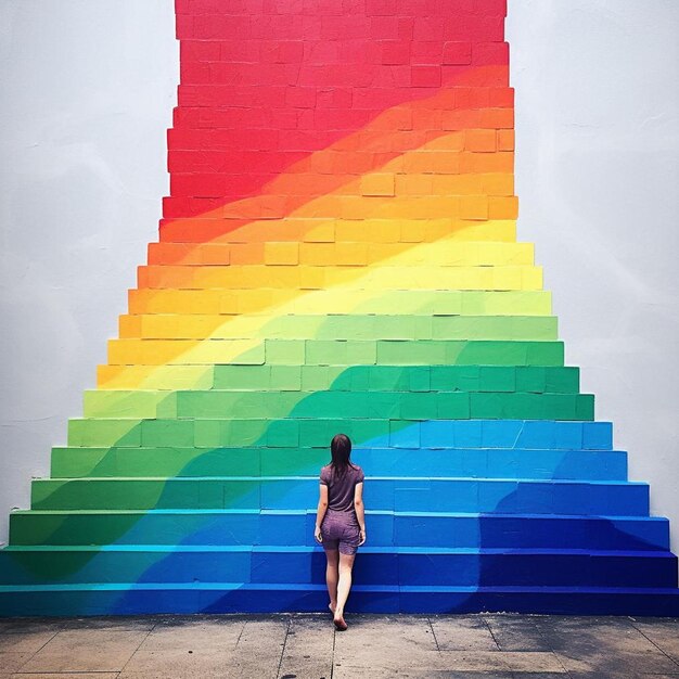 Foto una mujer se para frente a una pared con los colores del arco iris.