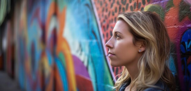 Una mujer se para frente a una pared colorida.