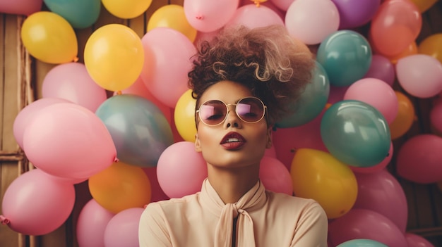 Una mujer se para frente a una pared de globos.