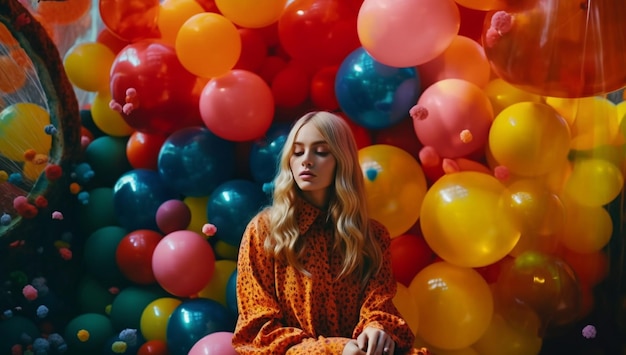 Una mujer se para frente a una pared de globos.