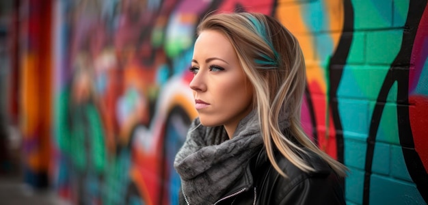 Una mujer se para frente a una pared de graffiti.