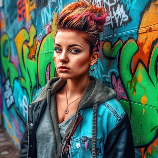 Una mujer se para frente a una pared con graffiti.