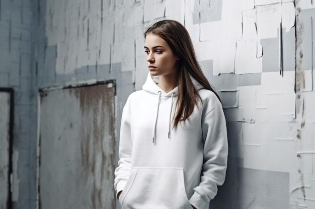 Una mujer se para frente a una pared gris con una sudadera con capucha blanca que dice "la marca está en el frente". '