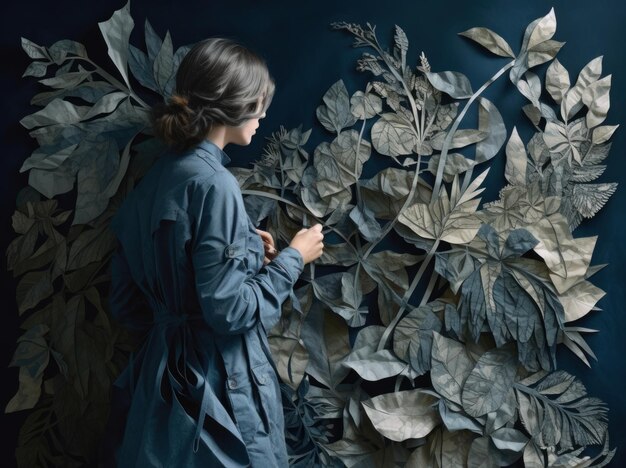 Foto una mujer se para frente a una pared de hojas.