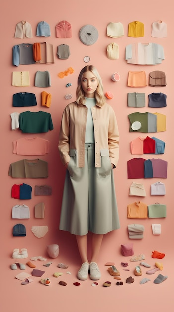 Una mujer se para frente a una pared con muchos sombreros de diferentes colores.