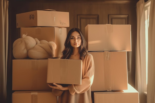 Una mujer se para frente a una pila de cajas de cartón, con la palabra hogar en el frente.