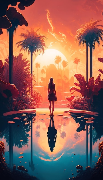 Una mujer se para frente a una piscina con palmeras y el sol brillando en su rostro.