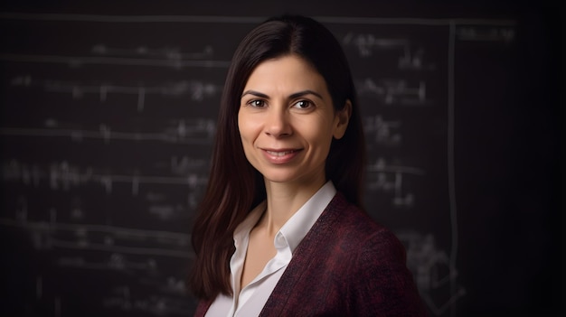 Una mujer se para frente a una pizarra con la palabra ciencia.