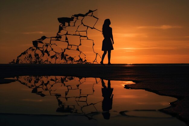 Una mujer se para frente a una puesta de sol con un letrero que dice 'te amo'