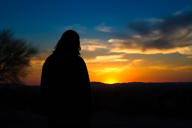 Una mujer se para frente a una puesta de sol con el sol poniéndose detrás de ella.