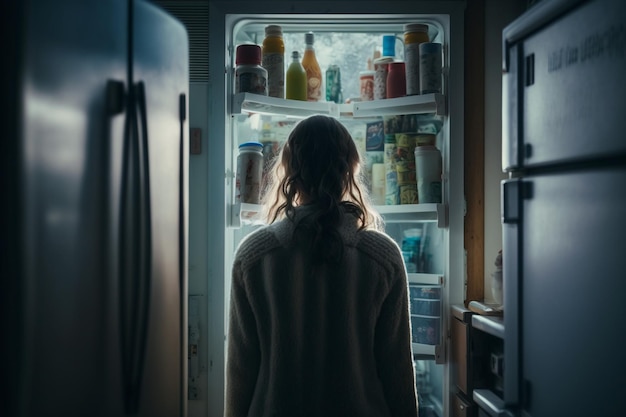 Una mujer se para frente a un refrigerador lleno de comida.