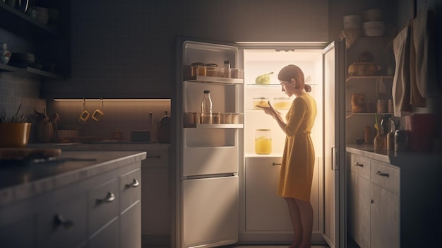 Una mujer se para frente a un refrigerador con un vestido amarillo que dice "comida".