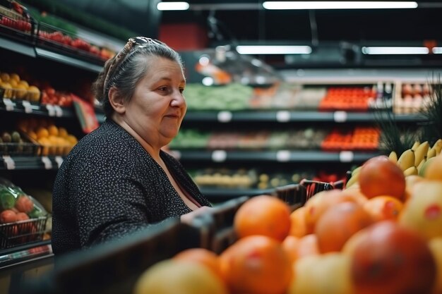 Una mujer se para frente a una tienda de comestibles llena de naranjas.