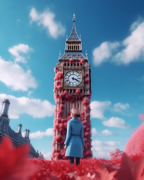 Foto una mujer se para frente a una torre de reloj que dice 