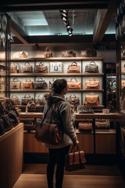 Mujer frente a la ventana de una tienda de bolsas