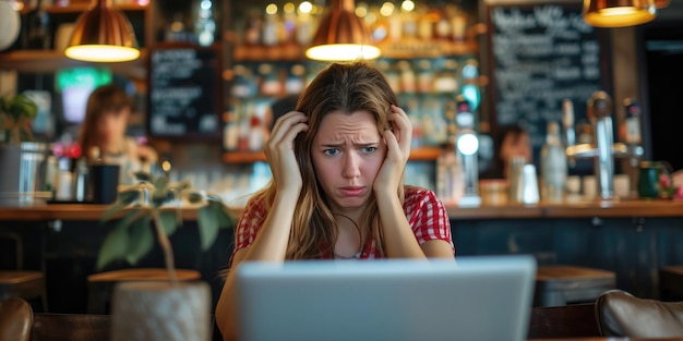 Una mujer frustrada lucha con su portátil en un bar bullicioso