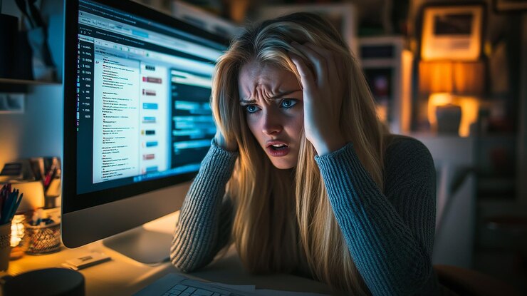 Foto mujer frustrada mirando la pantalla de la computadora con las manos en la cabeza