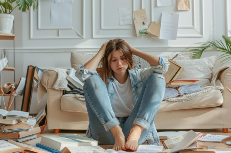 Mujer frustrada sentada en el suelo rodeada de libros