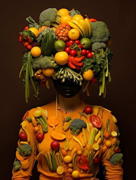 Foto mujer con frutas en la portada de la revista de moda