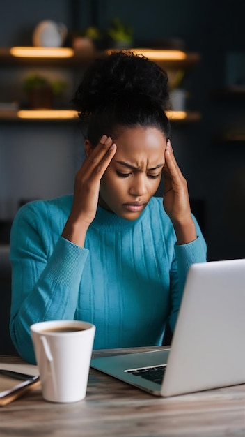 Mujer con un fuerte dolor de cabeza con una computadora portátil y un café