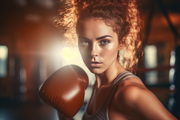 Una mujer fuerte entrenando boxeo en el gimnasio Generative Ai