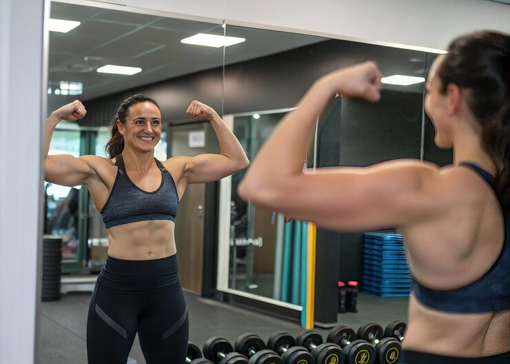 Mujer fuerte flexionando los músculos en el espejo del gimnasio