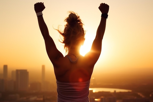 Foto mujer fuertemente motivada celebrando sus objetivos de entrenamiento hacia el sol