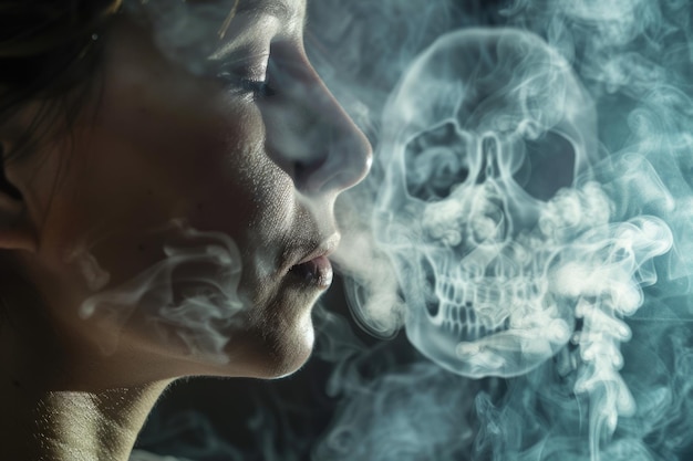 Una mujer fuma elegantemente un cigarrillo mientras un aterrador cráneo persiste en el fondo creando una yuxtaposición entre la vida y la muerte