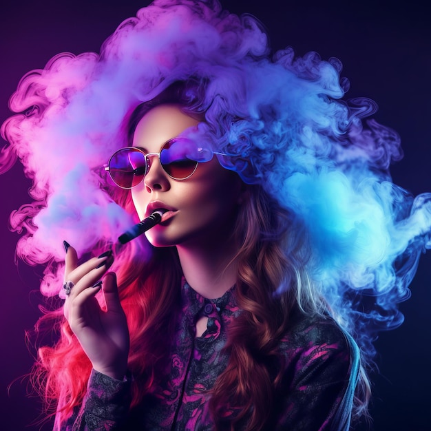 Foto mujer fuma vape chica libera vapor del dispositivo para vapear lady vaper mujer con cigarrillos electrónicos vaper sobre fondo de neón vape pluma para fumar vapor hobby vaping vape smoker generative ai