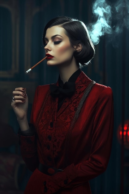 Una mujer fumando un cigarrillo con un traje rojo.