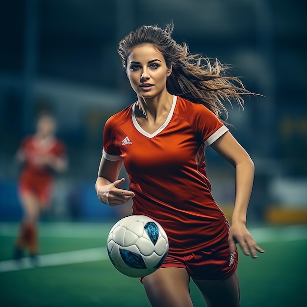 Mujer futbolista en el campo y jugar al fútbol