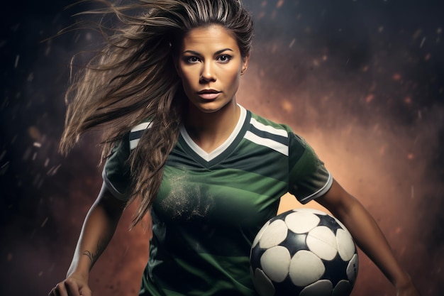 Mujer futbolista en el campo y jugar al fútbol