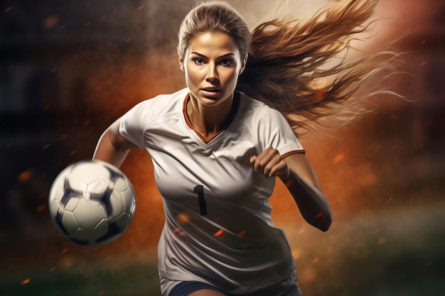 Mujer futbolista hermosa chica con un balón de fútbol durante el juego