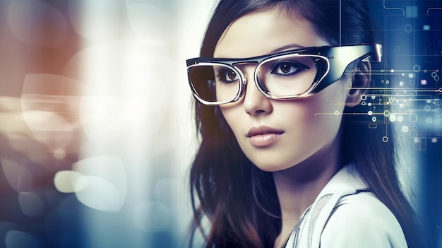 Mujer con futuras gafas inteligentes sobre un fondo de alta tecnología IA generativa