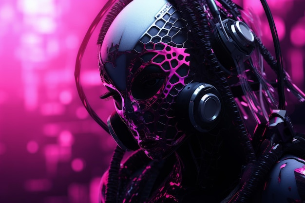 una mujer futurista con auriculares en la cabeza frente a un fondo rosa