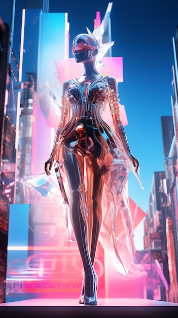 mujer futurista en una ciudad futurista con luces futuristas y una cruz futurista generativa ai