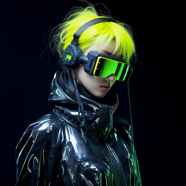 Mujer futurista Cyberpunk con gafas de realidad virtual Modelo 3D realista Cyborg Ai generado