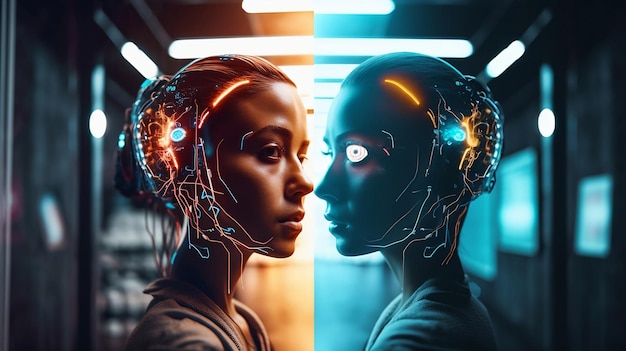 Mujer futurista e IA cara a cara Humano vs Inteligencia artificial