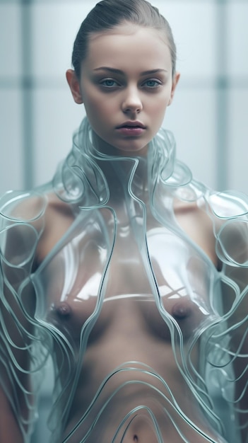 mujer futurista fishion modelo de vestido ilustración y chica cyborg robot humano